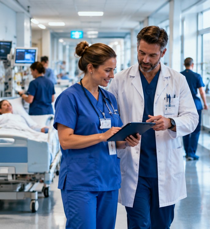 A nurse and a doctor reviewing a tablet on a hospital ward