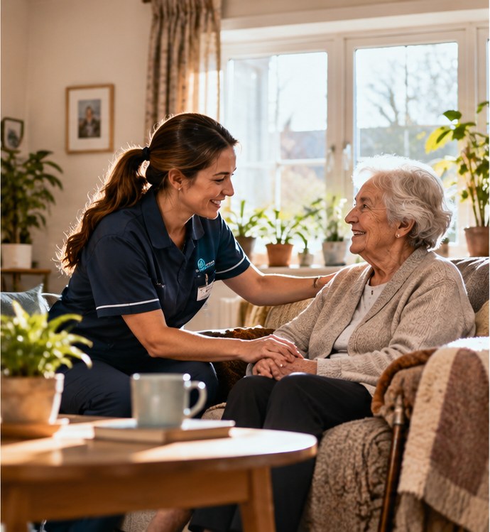 A care worker visiting an elderly woman at home