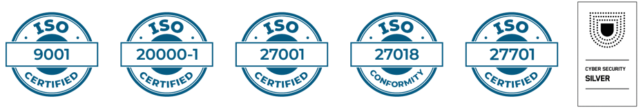ISO 9001, 20000-1, 27001, 27018 and 27701, plus Cyber Security Silver.