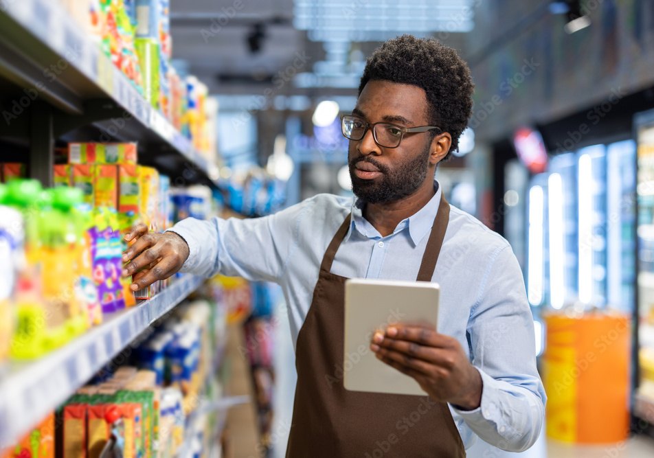 A store employee checking shelves with a tablet